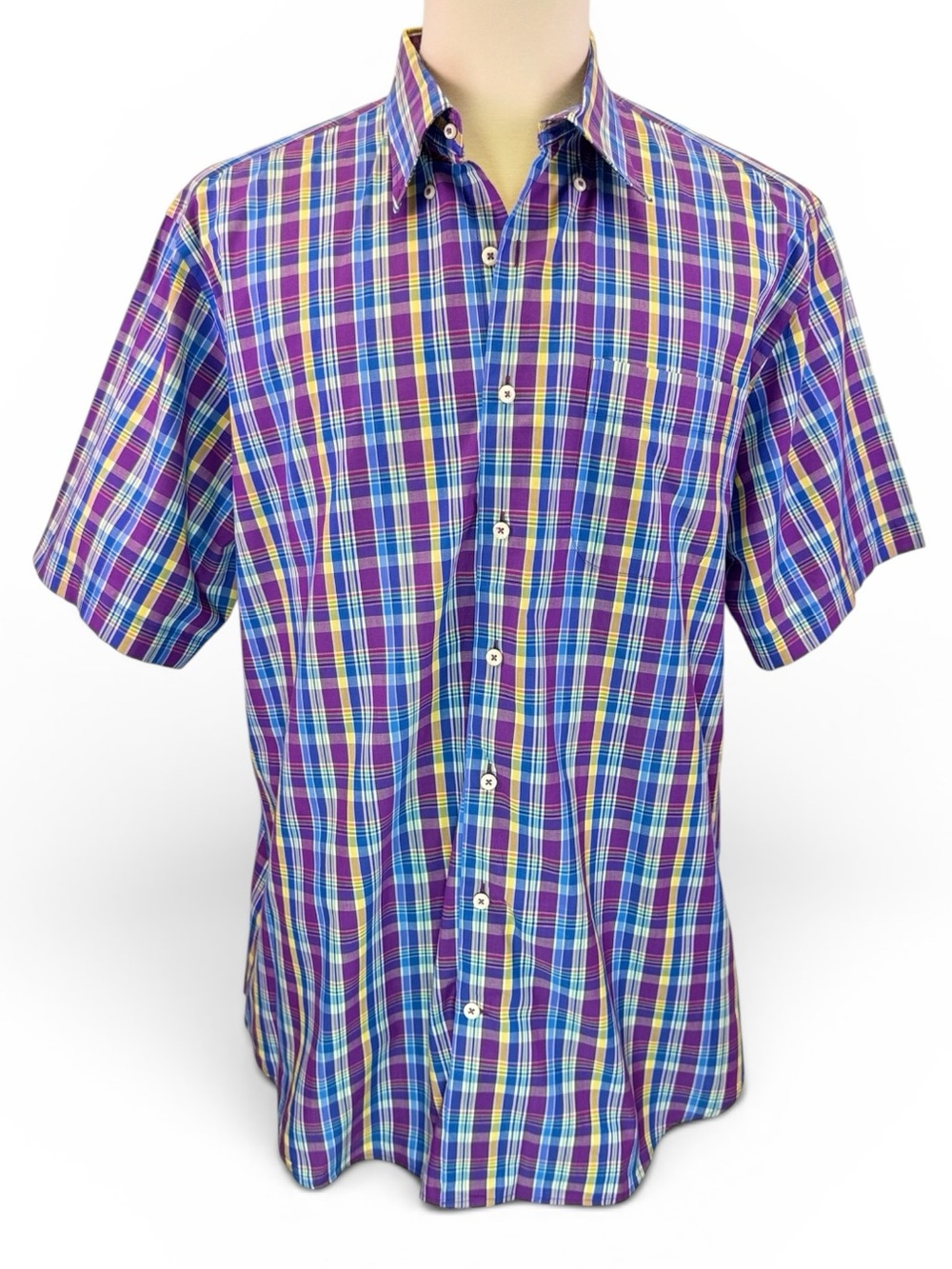 Peter Millar Short Sleeve Button Down‎ Purple Plaid Shirt Mens XL